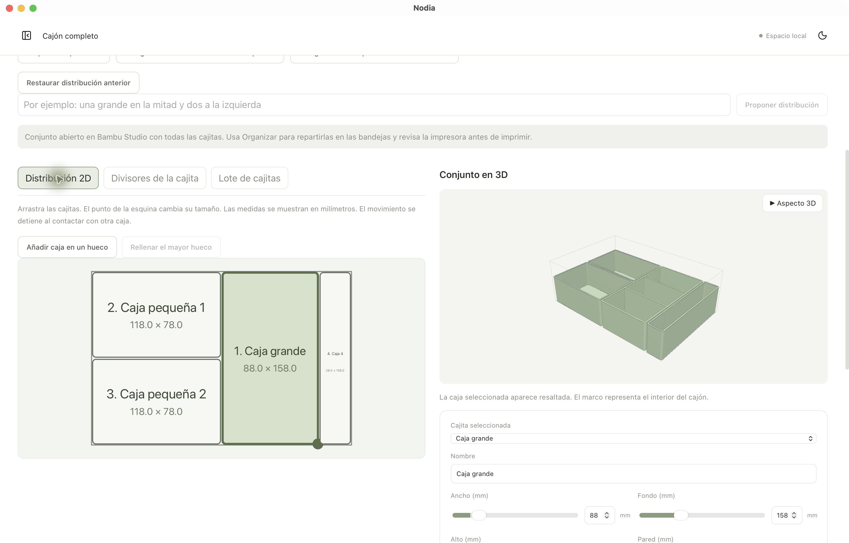 Captura real de Nodia: editor del cajón en 2D y previsualización del conjunto en 3D